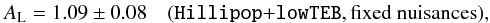 \begin{eqnarray} \Alens=1.09\pm0.08\quad \onesig{\hlp+\lowTEB, \text{fixed nuisances}}, \nonumber \end{eqnarray}