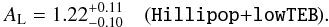 \begin{eqnarray} \label{eq:hlp_Alens} \Alens=1.22_{-0.10}^{+0.11} \quad \onesig{\hlp+\lowTEB}. \end{eqnarray}