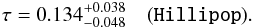 \begin{eqnarray} \label{eq:tauhlp} \tau=0.134^{+0.038}_{-0.048} \quad \onesig{\hlp}. \end{eqnarray}