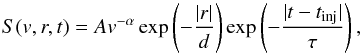 \begin{equation} \label{eqn:source} S(v,r,t) = A v^{-\alpha}\exp\left(-\frac{|r|}{d}\right)\exp\left(-\frac{|t-t_{\rm inj}|}{\tau}\right), \end{equation}