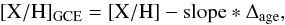 \begin{equation} [{\rm X/H}]_{\rm GCE} = [{\rm X/H}] - {\rm slope} * \Delta_{\rm age}, \end{equation}