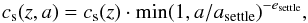 Mathematical equation: \begin{equation} \label{Sett} c_{\rm s}(z,a)=c_{\rm s}(z)\cdot {\rm min}(1,a/a_\mathrm{settle})^{-e_\mathrm{settle}}, \end{equation}