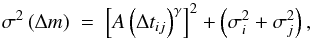 \begin{equation} \sigma ^2 \left( \Delta m \right) ~=~ \left[ A \left( \Delta t_{ij} \right) ^{\gamma} \right] ^2 + \left( \sigma ^2 _i + \sigma ^2 _j \right), \label{eq:str_func} \end{equation}