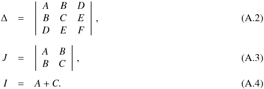 Mathematical equation: \appendix \setcounter{section}{1} \begin{eqnarray} \label{majoraxis} &&a=\sqrt{ { 2(AE^2+CD^2+FB^2-2BDE-ACF) \over (B^2-AC)( \sqrt{(A-C)^2+4B^2}-(A+C))}}, \\ \label{minoraxis} &&b=\sqrt{ { 2(AE^2+CD^2+FB^2-2BDE-ACF) \over (B^2-AC)(-\sqrt{(A-C)^2+4B^2}-(A+C))}}, \end{eqnarray}