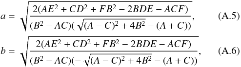 Mathematical equation: \appendix \setcounter{section}{1} \begin{equation} \begin{array}{c} x_0= \dfrac{(CD-BE)}{(B^2-AC)}, \\ y_0= \dfrac{(AE-BD)}{(B^2-AC)}, \end{array} \end{equation}