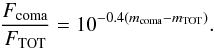 Mathematical equation: \begin{equation} \frac{F_{\rm coma}}{F_{\rm TOT}} = 10^{-0.4(m_{\rm coma}-m_{\rm TOT})}. \end{equation}
