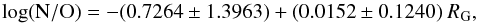 \begin{eqnarray*} {\rm log}{\rm (N/O)} = - (0.7264 \pm 1.3963) + (0.0152 \pm 0.1240)~R_{\rm G}, \end{eqnarray*}