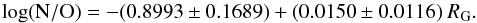\begin{eqnarray*} {\rm log}{\rm (N/O)} =- (0.8993 \pm 0.1689) + (0.0150 \pm 0.0116)~R_{\rm G}. \end{eqnarray*}