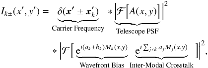 \begin{eqnarray} \begin{split} I_{k\pm}(x',y')&=\underbrace{\delta(\vec{x'} \pm \vec{x}_k')}_{\text{Carrier Frequency}}\, * \underbrace{{\Big|}\mathcal{F}{\Big[}A(x,y){\Big]}}_{\text{Telescope PSF}}{\Big|}^2\\ &\quad\ast {\Big|}\mathcal{F}{\Big[}\underbrace{{\rm e}^{{i}(a_k\pm b_k)M_k(x,y)}}_{\text{Wavefront Bias}} \underbrace{{\rm e}^{{i}\sum_{j \neq k}a_jM_j(x,y)}}_{\text{Inter-Modal Crosstalk}}{\Big]}{\Big|}^2, \label{Eq:I_k} \end{split} \end{eqnarray}