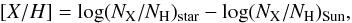 \appendix \setcounter{section}{1} \begin{equation} [X/H]=\log(N_{\rm X}/N_{\rm H})_{\rm star} - \log(N_{\rm X}/N_{\rm H})_{\rm Sun}, \end{equation}