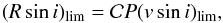 \begin{equation} \label{eq:RsiniLim} (R \sin i)_{\rm lim} = \mathcal{C} P (v \sin i)_{\rm lim} , \end{equation}