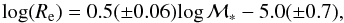 \begin{equation} {\rm log}(R_{\rm e})=0.5(\pm0.06){\rm log}\,\mathcal{M}_*-5.0(\pm0.7), \label{eq_size} \end{equation}