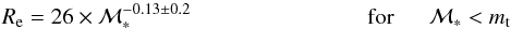 \begin{equation} R_{\rm e}=26\times\mathcal{M}_*^{-0.13\pm0.2}\\\\\\\\\\\\ {\rm for} \\\ \mathcal{M}_*<m_{\rm t} \end{equation}