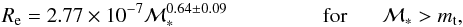 \begin{equation} R_{\rm e}=2.77\times10^{-7}\mathcal{M}_*^{0.64\pm0.09} \\\\\\\ {\rm for} \\\ \mathcal{M}_*>m_{\rm t}, \end{equation}