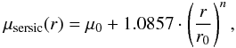 \begin{eqnarray*} \mu_{\rm sersic}(r)= \mu_0+1.0857\cdot\left(\frac{r}{r_0}\right)^{n}, \end{eqnarray*}