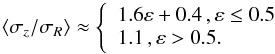 Mathematical equation: \begin{equation} \czcrm \approx \left\{ \begin{array}{ll} \Oo 1.6\varepsilon + 0.4\,, \varepsilon\leq0.5 \\ \Oo 1.1\,, \varepsilon>0.5 .\\ \end{array} \right. \end{equation}