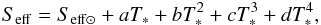 \begin{eqnarray} S_{\rm{eff}} = S_{\rm{eff}\odot} + aT_* + bT_*^2 + cT_*^3 + dT_*^4, \end{eqnarray}