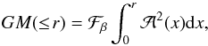\begin{equation} \label{eq_caustic_mass} GM(\le\! r)=\mathcal{F}_{\beta}\int_{0}^{r}\mathcal{A}^{2}(x)\textnormal{d}x, \end{equation}