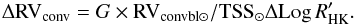 Mathematical equation: \begin{equation} \Delta {\rm RV}_{\rm conv} = G \times {\rm RV}_{\rm convbl \odot}/{\rm TSS_{\rm \odot}} \Delta {\rm Log}\,R'_{\rm HK} . \end{equation}
