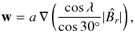 \begin{equation} \mathbf{w}=a \, \nabla \left(\frac{\cos\lambda}{\cos 30^\circ}|\hat{B_r}|\right), \label{eq:infVelocParamB} \end{equation}