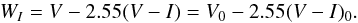 Mathematical equation: \begin{equation} W_{I} = V - 2.55(V - I) = V_{0} - 2.55(V - I)_{0} . \end{equation}