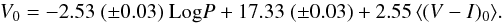 Mathematical equation: \begin{equation} \label{equation:vo} V_{0} = -2.53\ (\pm 0.03)\ {\rm Log} P + 17.33\ (\pm 0.03) + 2.55\mean{(V - I)_{0}}\! . \end{equation}