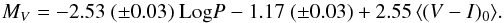 Mathematical equation: \begin{equation} \label{equation:MVLMC} M_{V} = -2.53\ (\pm 0.03)\ {\rm Log} P - 1.17\ (\pm 0.03) + 2.55\mean{(V - I)_{0}}\! . \end{equation}