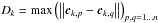 \hbox{$D_k = \max\left(\left\Vert \vec{c}_{k,p} - \vec{c}_{k,q} \right\Vert\right)_{p,q = 1 \dots n}$}