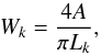 Mathematical equation: \begin{equation} \label{width} W_k=\frac{4A}{\pi L_k}, \end{equation}