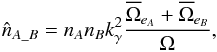 \begin{equation} \hat{n}_{A\_B} = n_A n_B k_\gamma^2 \frac{ \overline{\Omega}_{e_A} + \overline{\Omega}_{e_B} }{\Omega}, \label{eq:estimnspur1} \end{equation}