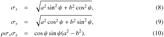 \begin{eqnarray} \sigma_x & = & \sqrt{a^2\sin^2\psi+b^2\cos^2\psi}, \\ \sigma_y & = & \sqrt{a^2\cos^2\psi+b^2\sin^2\psi}, \\ \rho\sigma_x\sigma_y & = & \cos\psi\sin\psi(a^2-b^2). \end{eqnarray}