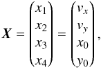 \appendix \setcounter{section}{2} \begin{equation} \vec{X} = \begin{pmatrix} x_1 \\ x_2 \\ x_3 \\ x_4 \end{pmatrix} = \begin{pmatrix} v_x \\ v_y \\ x_0 \\ y_0 \end{pmatrix}, \end{equation}