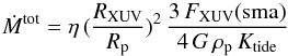 \begin{equation} \label{eq:H_esc_rate} \dot{M}^{\rm tot}= \eta \, (\frac{R_\mathrm{XUV}}{R_\mathrm{p}})^2 \, \frac{3 \, F_\mathrm{XUV}(\mathrm{sma})}{4 \, G \, \rho_\mathrm{p} \, K_{\rm tide}} \end{equation}