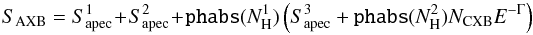 \begin{equation} \label{eq_AXB} S_{\mathrm{AXB}} = S ^1 _{\mathrm{apec}} + S ^2 _{\mathrm{apec}} + \mathrm{\texttt{phabs}} (N_{\rm H} ^1) \left( S ^3 _{\mathrm{apec}} + \mathrm{\texttt{phabs}} (N_{\rm H} ^2) N_{\mathrm{CXB}} E^{-\Gamma} \right) \end{equation}