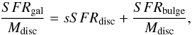 Mathematical equation: \begin{equation} \frac{SFR_{\rm gal}}{M_{\rm disc}}=sSFR_{\rm disc}+\frac{SFR_{\rm bulge}}{M_{\rm disc}}, \end{equation}