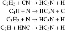 \begin{eqnarray*} {\rm C_2H_2 + CN \rightarrow HC_3N + H }\\ {\rm C_4H + N \rightarrow HC_3N + C}\\ {\rm C_3H_2 + N \rightarrow HC_3N + H}\\ {\rm C_2H + HNC \rightarrow HC_3N + H} \end{eqnarray*}