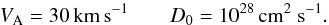 Mathematical equation: \begin{equation} V_{\rm A}= 30{\,\rm km\,s^{-1}}\qquad D_0 = 10^{28} \,\rm cm^2~s^{-1}. \end{equation}