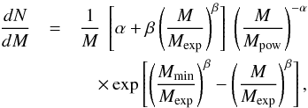 \begin{eqnarray} \frac{dN}{dM}&=&\frac{1}{M}~\left[\alpha+\beta\left(\frac{M}{M_{\rm{exp}}}\right)^{\beta}\right]~\left(\frac{M}{M_{\rm{pow}}}\right)^{-\alpha}\nonumber\\ &&\quad\times\exp\left[\left(\frac{M_{\rm{min}}}{M_{\rm{exp}}}\right)^{\beta}-\left(\frac{M}{M_{\rm{exp}}}\right)^{\beta}\right], \label{differential mass distribution} \end{eqnarray}