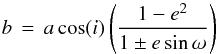 \begin{equation} b \, = \, a \cos(i) \left( \frac{1-e^2}{1 \pm e \sin\omega} \right) \label{Eq:impact-par} \end{equation}