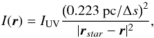Mathematical equation: \begin{equation} I(\vec{r})=I_{\rm UV}\frac{\left(0.223~{\rm pc}/\Delta s\right)^2}{|\vec{r}_{star}-\vec{r}|^2}, \end{equation}