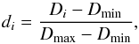 Mathematical equation: \appendix \setcounter{section}{2} \begin{equation} d_{i} = \frac{D_{i} - D_{\mathrm{min}}}{D_{\mathrm{max}} - D_{\mathrm{min}}}, \end{equation}