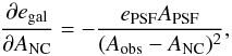 Mathematical equation: \appendix \setcounter{section}{1} \begin{equation} \frac{\partial e_{{\rm gal}}}{\partial A_{{\rm NC}}} = -\frac{e_{{\rm PSF}} A_{{\rm PSF}}}{(A_{{\rm obs}}-A_{{\rm NC}})^2}, \end{equation}