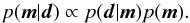 Mathematical equation: \begin{equation} p(\vec{m}|\vec{d}) \propto p(\vec{d}|\vec{m}) p(\vec{m}). \label{eq:bayes-theorem} \end{equation}