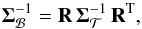 Mathematical equation: \begin{equation} \cov_\mathcal{B}^{-1} = \rot\, \cov_\mathcal{T}^{-1}\, \rot^\mathrm{T}, \label{eq:cov-transform} \end{equation}