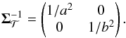 Mathematical equation: \begin{equation} \cov_\mathcal{T}^{-1} = \begin{pmatrix} 1/a^2 & 0 \\ 0 & 1/b^2 \end{pmatrix}. \label{eq:2d-inv-cov} \end{equation}