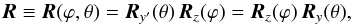 Mathematical equation: \begin{equation} \vec{R}\equiv\vec{R}(\varphi,\theta)=\vec{R}_{y'}(\theta)\,\vec{R}_{z}(\varphi) = \vec{R}_{z}(\varphi)\,\vec{R}_{y}(\theta), \label{eq:3-dim-rot} \end{equation}