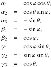 Mathematical equation: \begin{eqnarray} \alpha_1 &=& \cos \varphi \cos \theta, \nonumber \\ \alpha_2 &=& \cos \theta \sin \varphi, \nonumber \\ \alpha_3 &=& -\sin \theta, \nonumber \\ \beta_1 &=& -\sin \varphi, \nonumber \\ \beta_2 &=& \cos \varphi, \nonumber \\ \gamma_1 &=& \cos \varphi \sin \theta, \nonumber \\ \gamma_2 &=& \sin \varphi \sin \theta, \nonumber \\ \gamma_3 &=& \cos \theta. \label{eq:new-definitions} \end{eqnarray}
