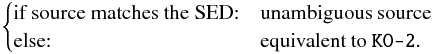 Mathematical equation: \appendix \setcounter{section}{1} \begin{eqnarray*} \begin{cases} \text{if source matches the SED:} & \text{unambiguous source} \\ \text{else:} & \text{equivalent to } \verb|KO-2|. \end{cases} \end{eqnarray*}