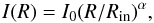 Mathematical equation: \begin{equation} I(R) = I_0 (R/R_{\rm in})^\alpha, \end{equation}