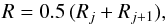 Mathematical equation: \appendix \setcounter{section}{2} \begin{equation} R=0.5\,(R_j + R_{j+1}), \end{equation}